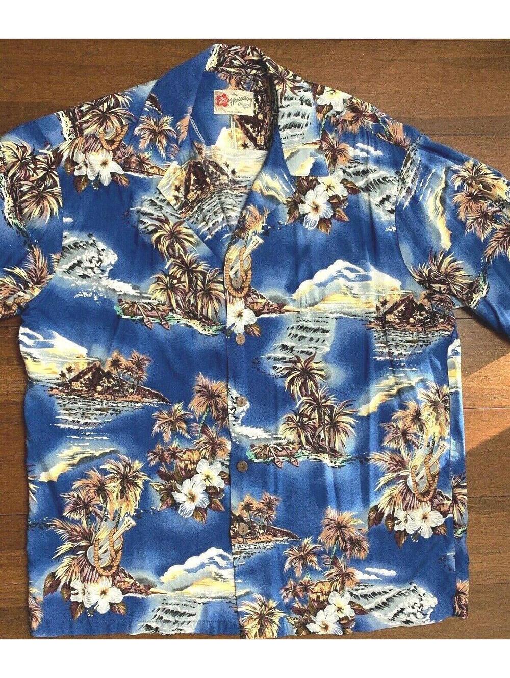 Hilo Hatties Hawaiian Original XL Shirt Blue Palm Trees Guitars Cotton Pocket